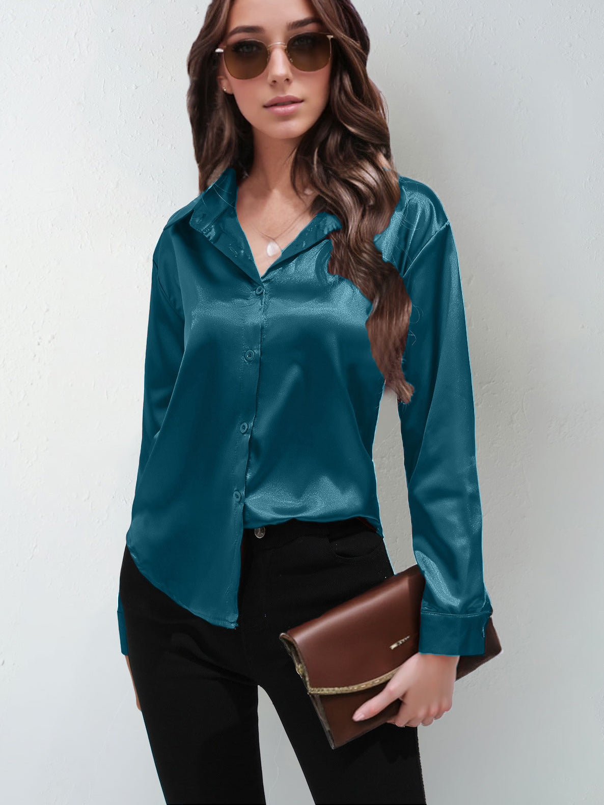 Satin Shirt Women's Satin Imitation Silk Long-Sleeved Amazon's Popular Solid Color Top Elegant Button-Down Lapel Shirt