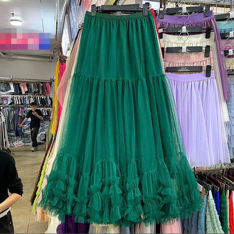 Autumn Heavy Industry Fungus Edge Splicing Large Hem Tutu Skirt High Waist A-Line Fairy Elegant Cake Skirt Mesh Skirt