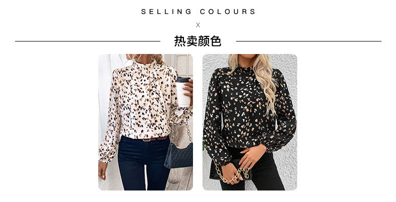 Trendy European and American Fashion Leopard Print Chiffon Blouse for Women Early Autumn New Stylish Commuter Stand Collar Long Sleeve Pullover Top