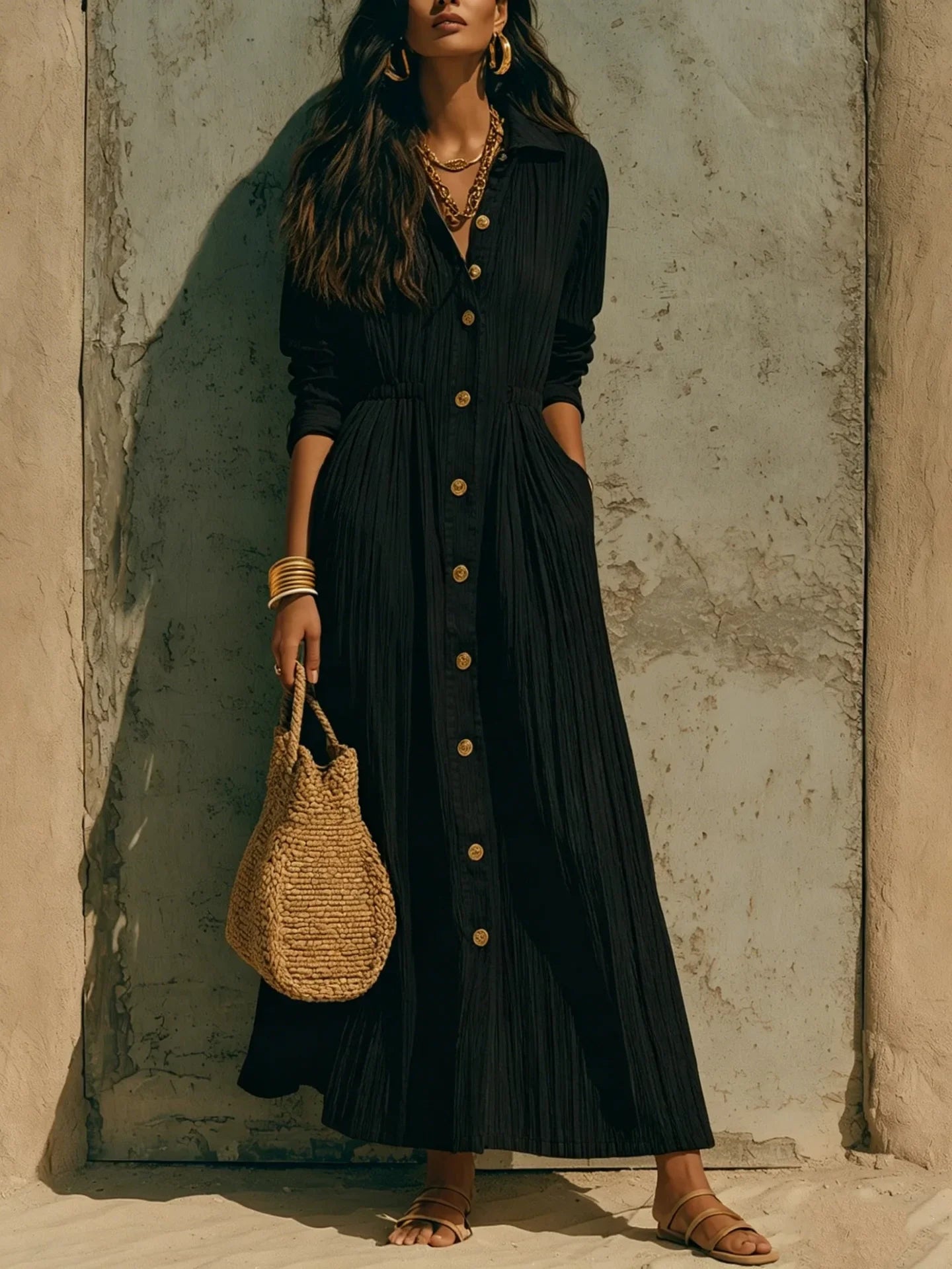 The Marais Pleated Button Maxi Dress from the Lavishly Me Edit at Lavishly Me