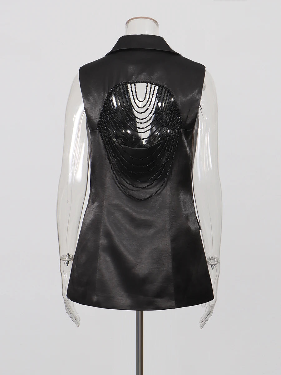 TWOTWINSTYLE Elegant White Cutout Back Sleeveless Blazer for Women Lapel Spliced Pearl Fashion Coat for Formal Office Commute