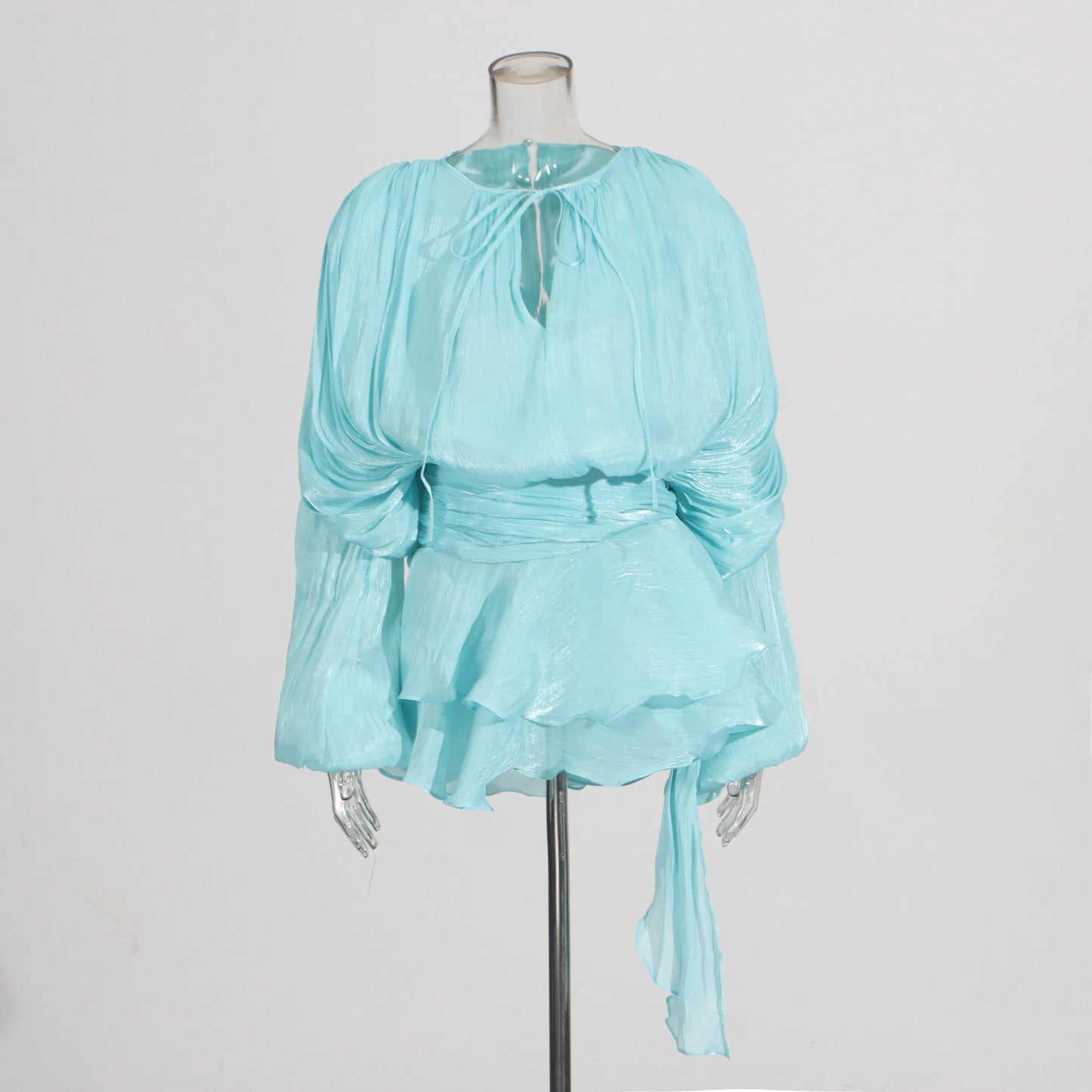 TWOTWINSTYLE Solid Loose Spliced Folds Elegant Dresses for Women Round Neck Long Sleeves Patchwork Lace Up Tunic Dress Female