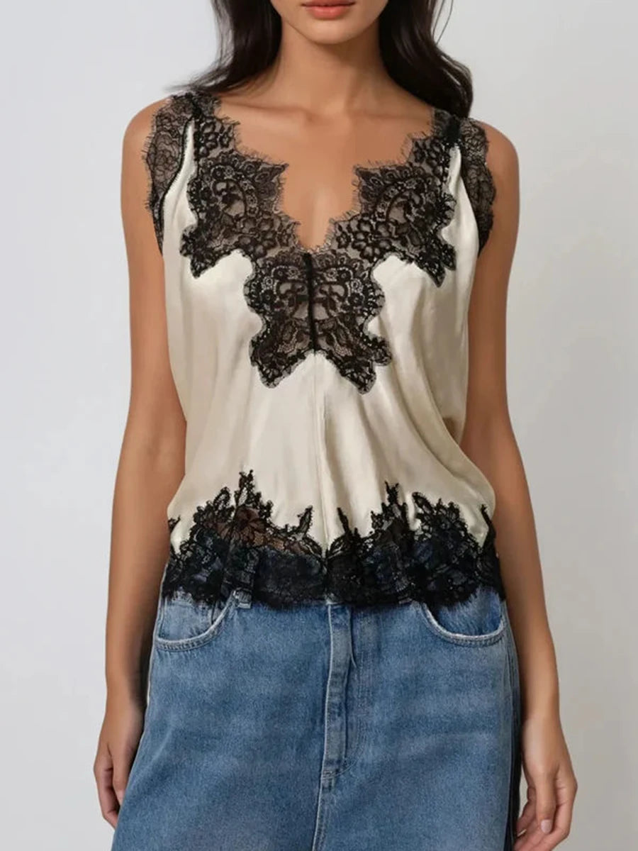 TWOTWINSTYLE Colorblock Slimming Fashion Vest for Women V Neck Sleeveless Patchwork Lace Temperament Tops Female Clothing New