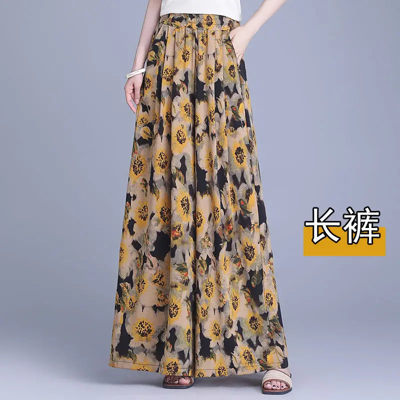 Trousers Chiffon Floral Skirts and Pants for Women in Summer New Thin High-waisted Ethnic Style Casual Wide-leg Pants