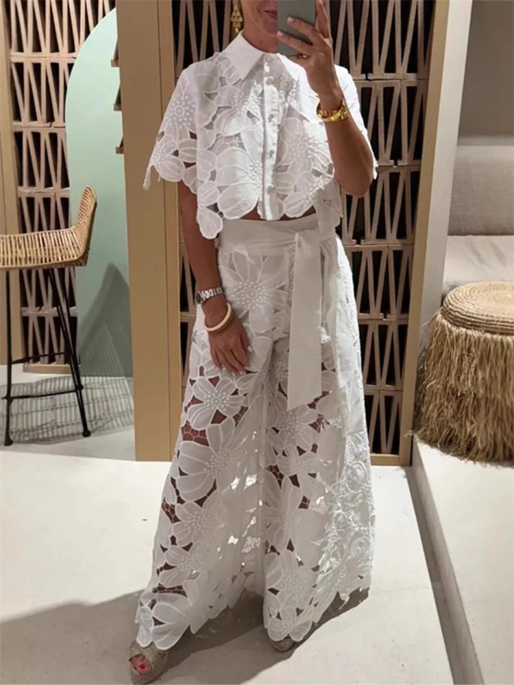 Wmstar Two Piece Set Women Hollow Out Wide Leg Pants Sets Matching Casual Lace Suit Suits Wholesale Dropshipping New Style