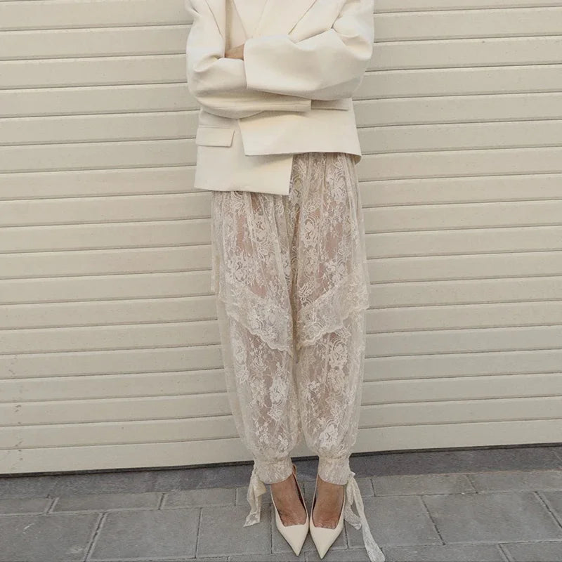 Fashion Women Lace Transparent Trouser Chic Floral Lace Up Wide Leg Pant Summer 2026 High Street Solid Elegant Commute Office