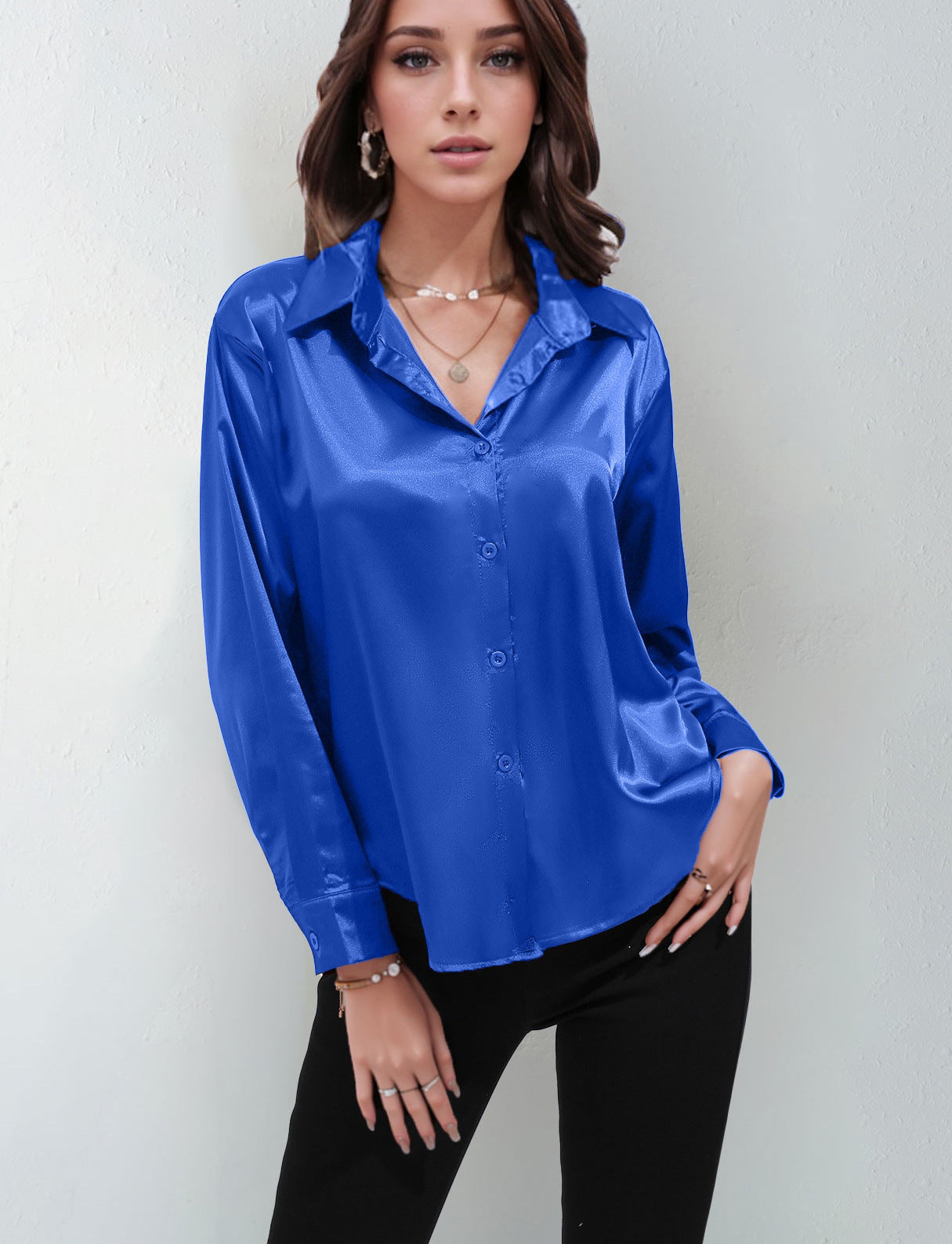 Satin Shirt Women's Satin Imitation Silk Long-Sleeved Amazon's Popular Solid Color Top Elegant Button-Down Lapel Shirt
