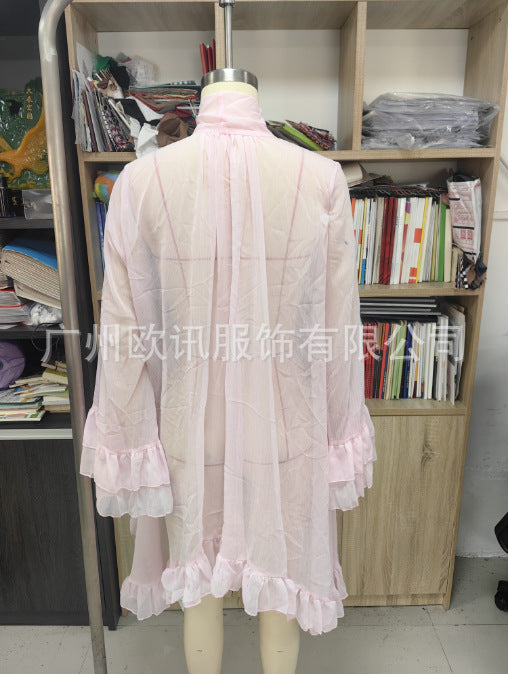 European and American women's fashion sexy perspective blouse top 2025 summer new horn sleeve design French lace