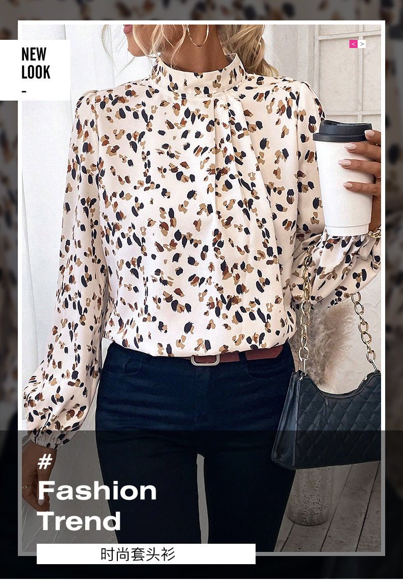 Trendy European and American Fashion Leopard Print Chiffon Blouse for Women Early Autumn New Stylish Commuter Stand Collar Long Sleeve Pullover Top