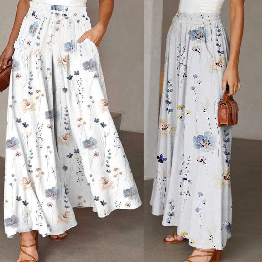 Cross-border Amazon European and American Spring and Autumn Flower Printed Casual Loose Pants Pocket Staggered Waist Elegant Wide Leg Pants