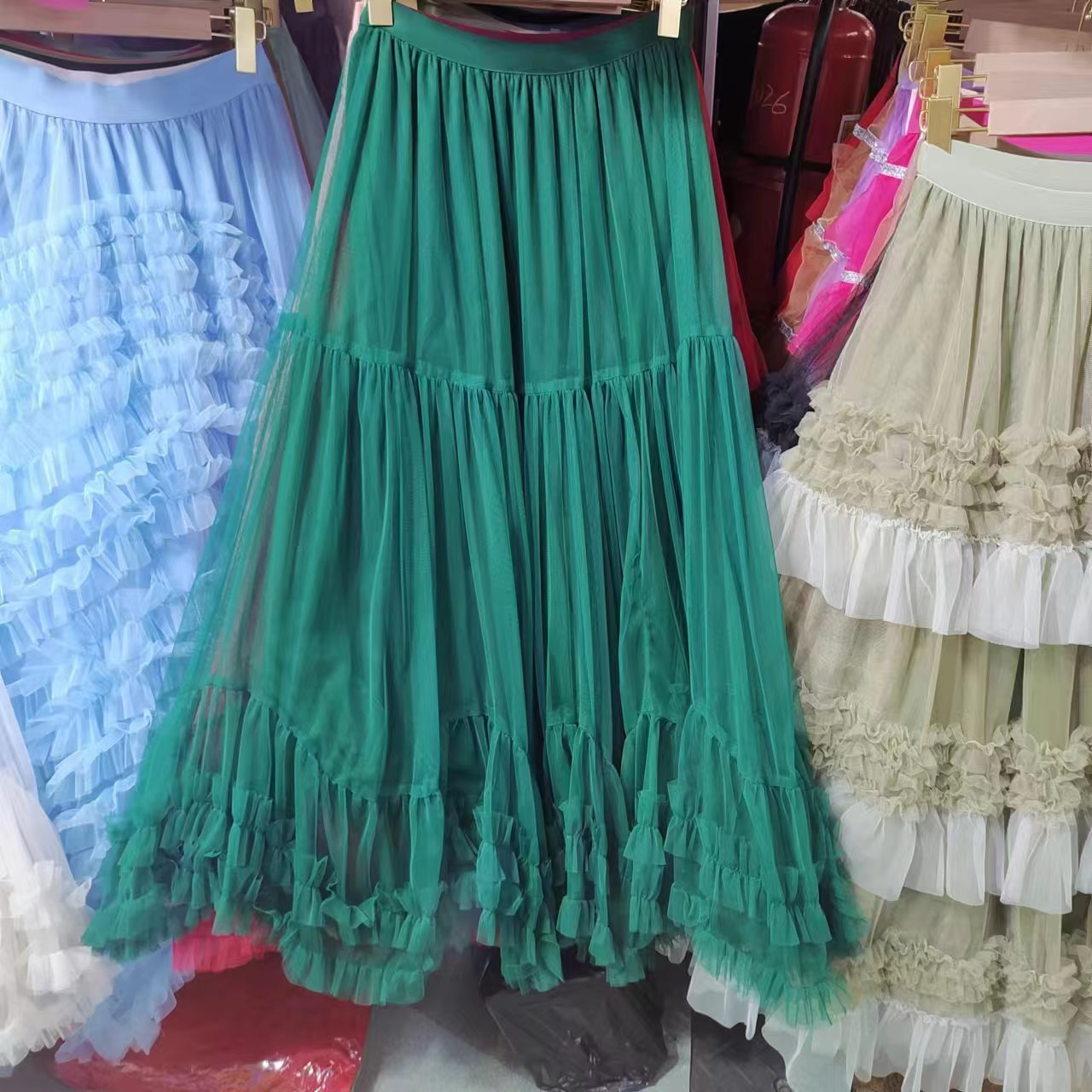 Autumn Heavy Industry Fungus Edge Splicing Large Hem Tutu Skirt High Waist A-Line Fairy Elegant Cake Skirt Mesh Skirt