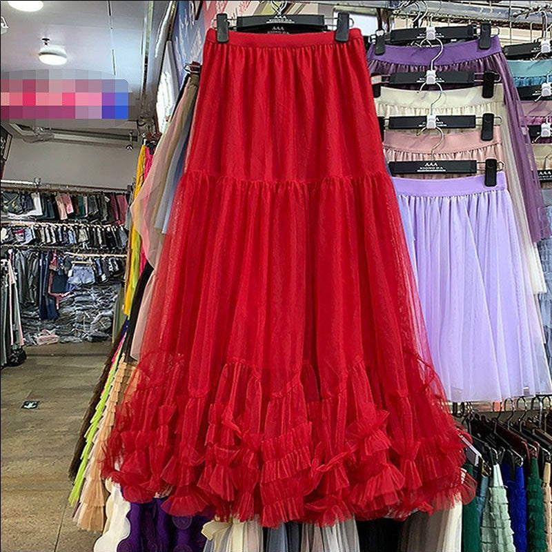 Autumn Heavy Industry Fungus Edge Splicing Large Hem Tutu Skirt High Waist A-Line Fairy Elegant Cake Skirt Mesh Skirt