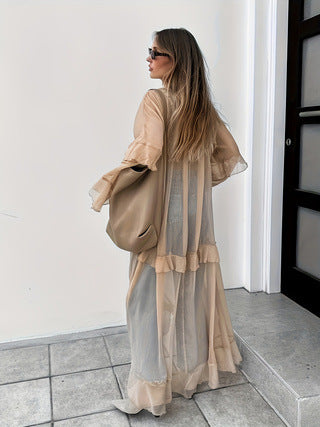 Cross-Border Women's Bat Sleeve Dress Fashionable Sun Protection Blouse Long Skirt See-Through