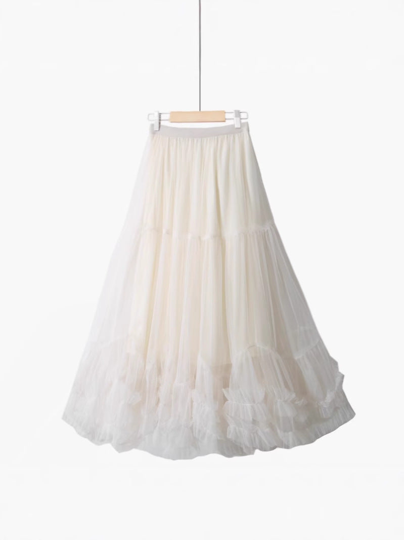 Autumn Heavy Industry Fungus Edge Splicing Large Hem Tutu Skirt High Waist A-Line Fairy Elegant Cake Skirt Mesh Skirt