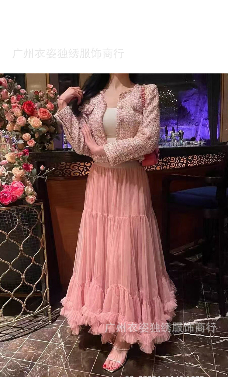 Autumn Heavy Industry Fungus Edge Splicing Large Hem Tutu Skirt High Waist A-Line Fairy Elegant Cake Skirt Mesh Skirt