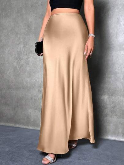 Foreign Trade Cross-Border Satin Skirt Spring and Summer New European and American Amazon Simple Imitation Silk Long Skirt Women's Clothing