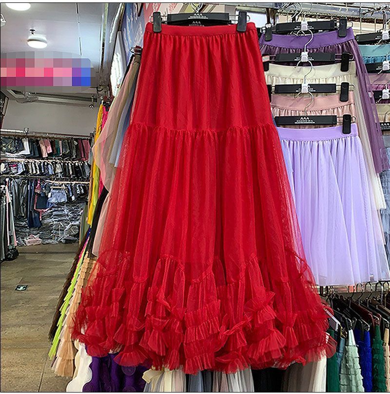 Autumn Heavy Industry Fungus Edge Splicing Large Hem Tutu Skirt High Waist A-Line Fairy Elegant Cake Skirt Mesh Skirt