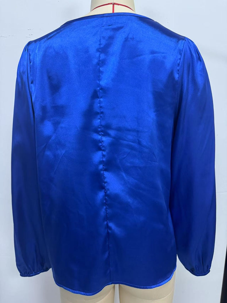 European and American Cross-Border Women's Satin Shirt Women's Export Amazon Imitation Silk Casual Pleated Long-Sleeved Top