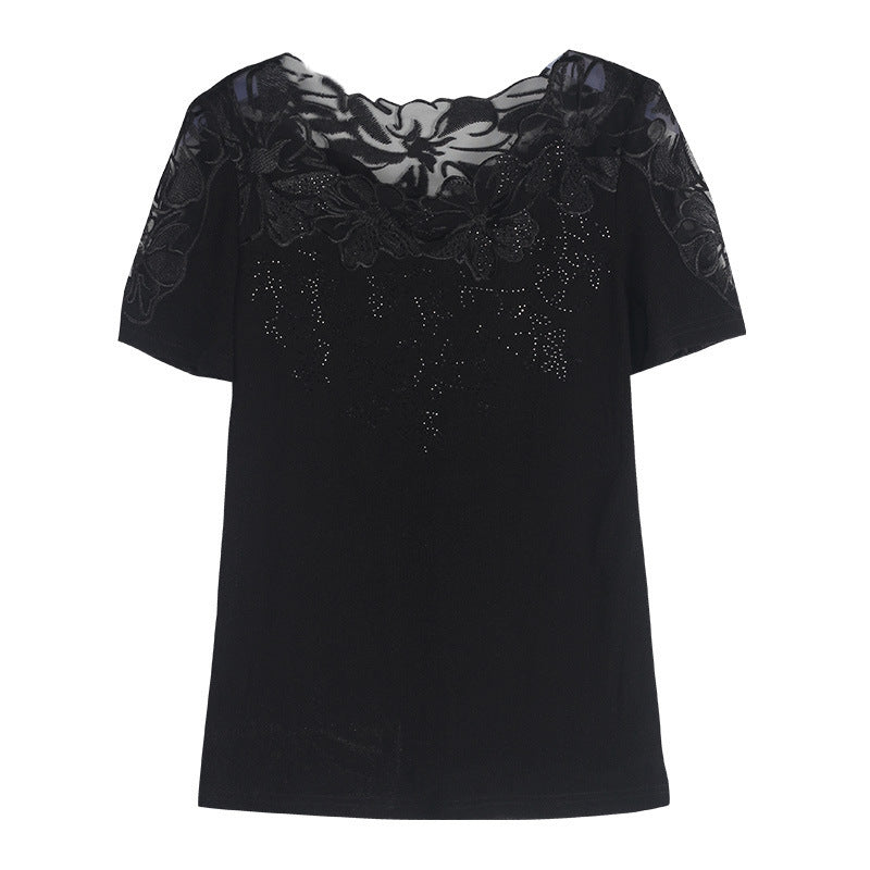 Summer New Lace Blouse, Stylish Diamond-Embroidered Short-Sleeved Women's Top, T-Shirt, Gauze Blouse