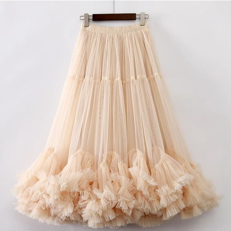 Autumn Heavy Industry Fungus Edge Splicing Large Hem Tutu Skirt High Waist A-Line Fairy Elegant Cake Skirt Mesh Skirt
