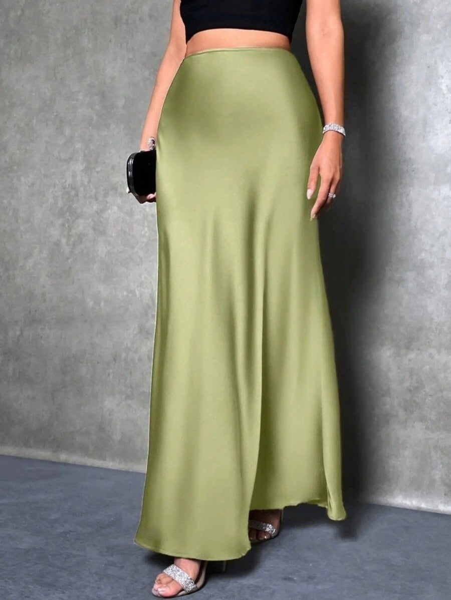 Foreign Trade Cross-Border Satin Skirt Spring and Summer New European and American Amazon Simple Imitation Silk Long Skirt Women's Clothing