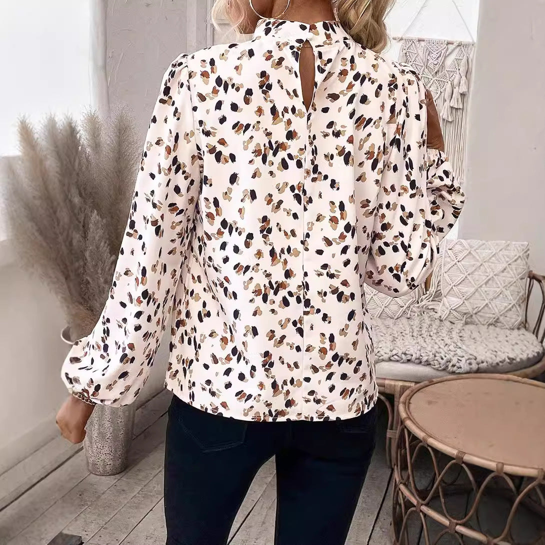 Trendy European and American Fashion Leopard Print Chiffon Blouse for Women Early Autumn New Stylish Commuter Stand Collar Long Sleeve Pullover Top
