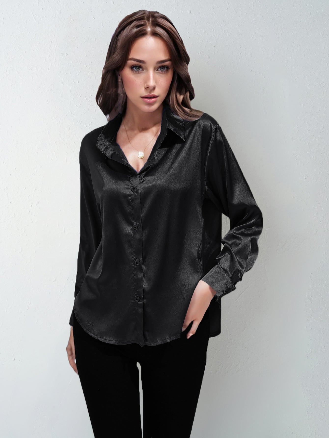 Satin Shirt Women's Satin Imitation Silk Long-Sleeved Amazon's Popular Solid Color Top Elegant Button-Down Lapel Shirt
