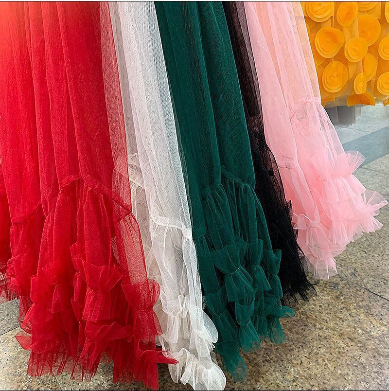 Autumn Heavy Industry Fungus Edge Splicing Large Hem Tutu Skirt High Waist A-Line Fairy Elegant Cake Skirt Mesh Skirt
