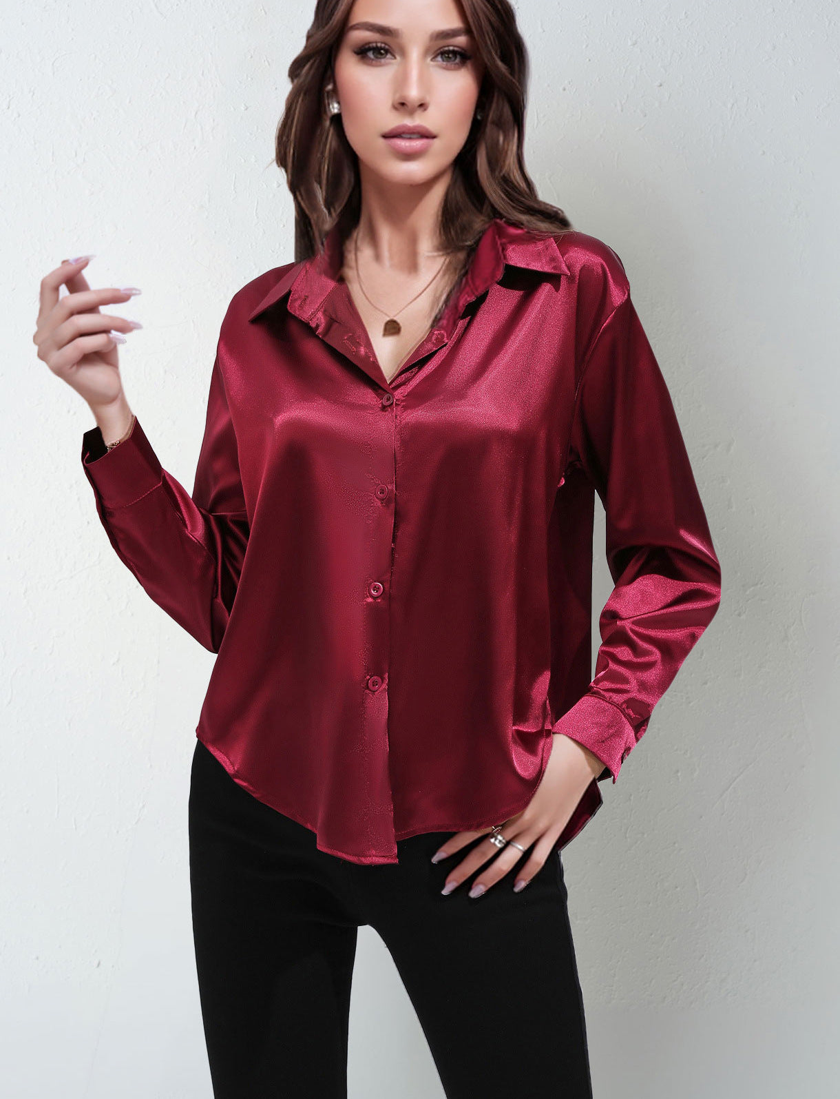 Satin Shirt Women's Satin Imitation Silk Long-Sleeved Amazon's Popular Solid Color Top Elegant Button-Down Lapel Shirt