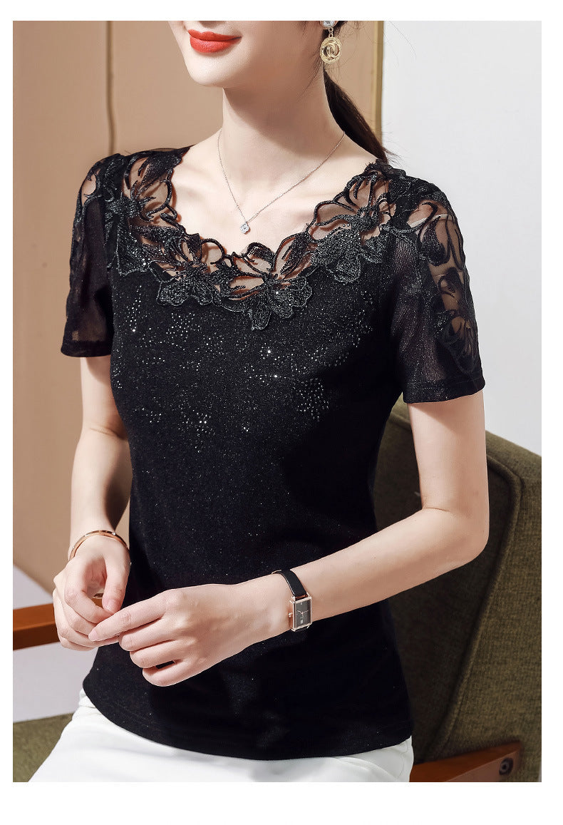 Summer New Lace Blouse, Stylish Diamond-Embroidered Short-Sleeved Women's Top, T-Shirt, Gauze Blouse