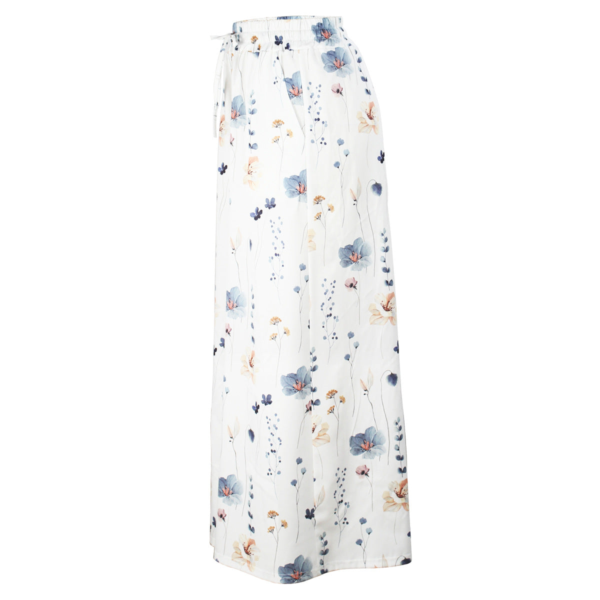 Cross-border Amazon European and American Spring and Autumn Flower Printed Casual Loose Pants Pocket Staggered Waist Elegant Wide Leg Pants