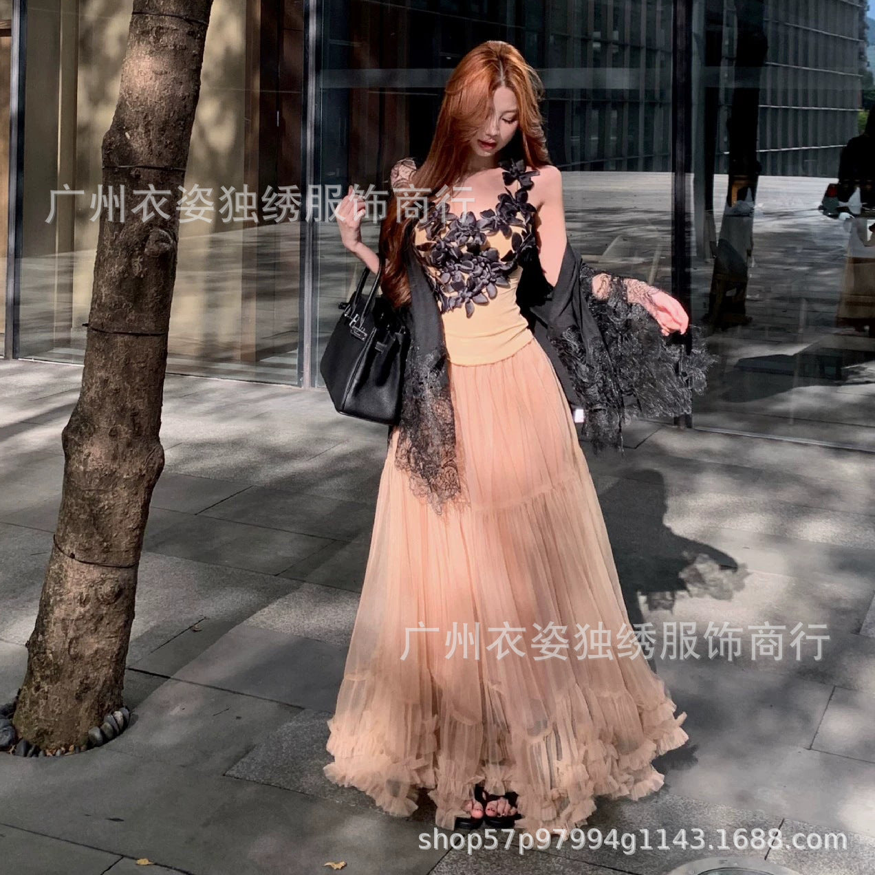 Autumn Heavy Industry Fungus Edge Splicing Large Hem Tutu Skirt High Waist A-Line Fairy Elegant Cake Skirt Mesh Skirt