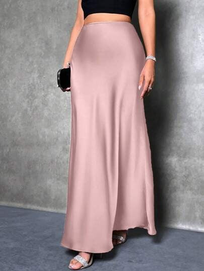 Foreign Trade Cross-Border Satin Skirt Spring and Summer New European and American Amazon Simple Imitation Silk Long Skirt Women's Clothing