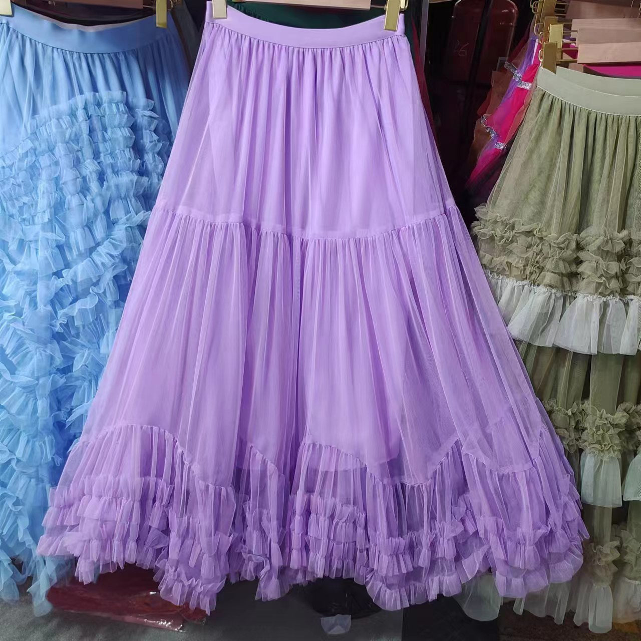 Autumn Heavy Industry Fungus Edge Splicing Large Hem Tutu Skirt High Waist A-Line Fairy Elegant Cake Skirt Mesh Skirt