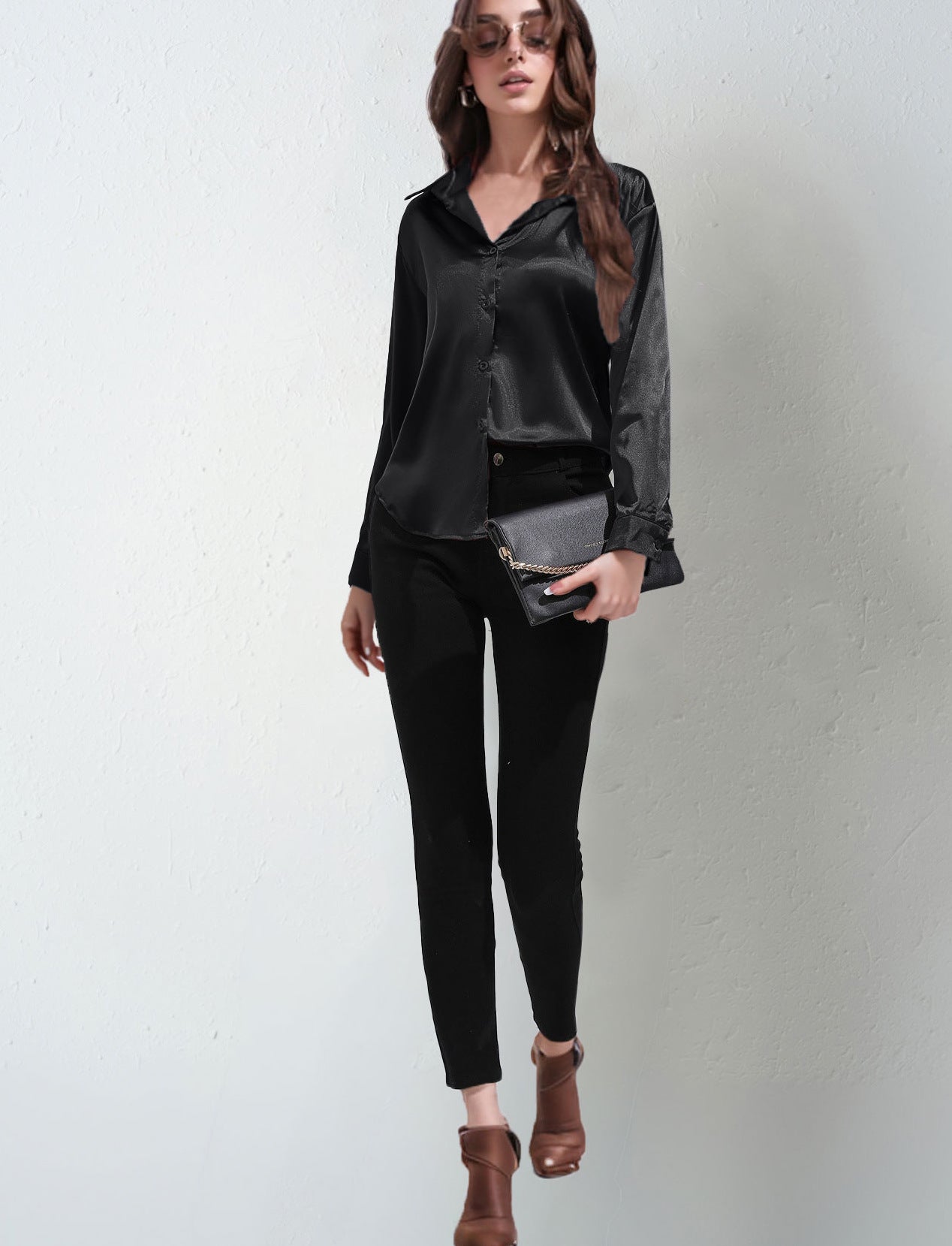 Satin Shirt Women's Satin Imitation Silk Long-Sleeved Amazon's Popular Solid Color Top Elegant Button-Down Lapel Shirt