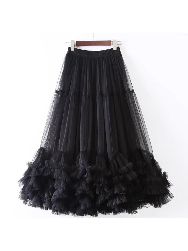 Autumn Heavy Industry Fungus Edge Splicing Large Hem Tutu Skirt High Waist A-Line Fairy Elegant Cake Skirt Mesh Skirt