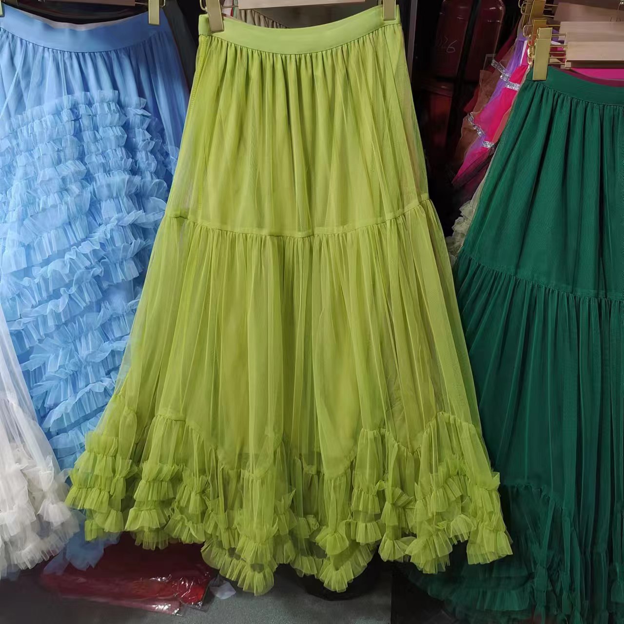 Autumn Heavy Industry Fungus Edge Splicing Large Hem Tutu Skirt High Waist A-Line Fairy Elegant Cake Skirt Mesh Skirt
