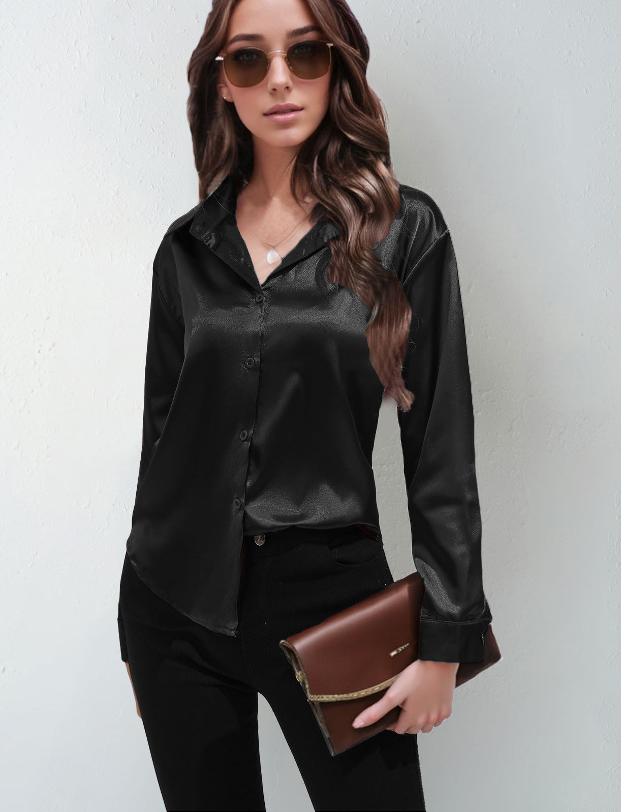Satin Shirt Women's Satin Imitation Silk Long-Sleeved Amazon's Popular Solid Color Top Elegant Button-Down Lapel Shirt
