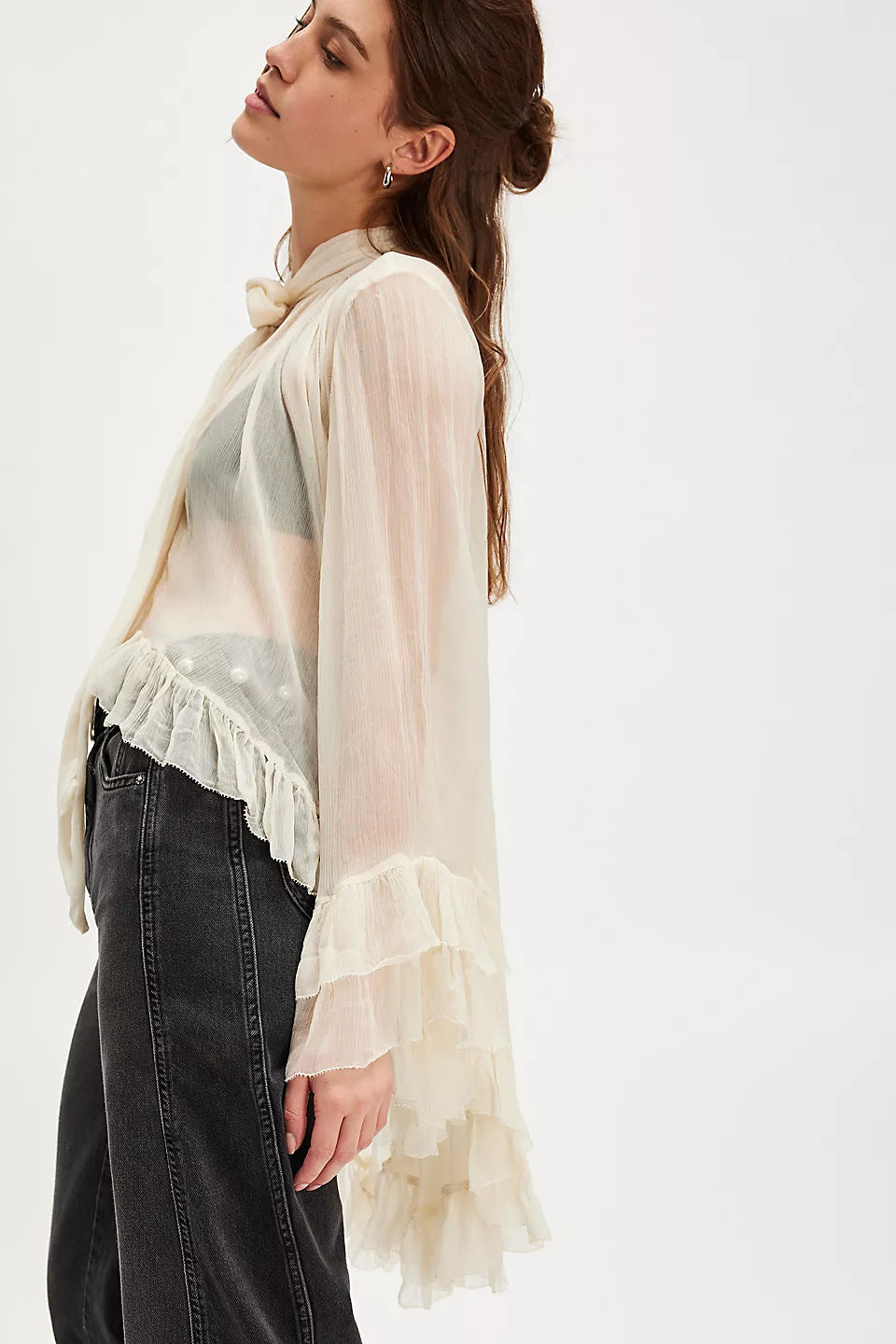European and American women's fashion sexy perspective blouse top 2025 summer new horn sleeve design French lace
