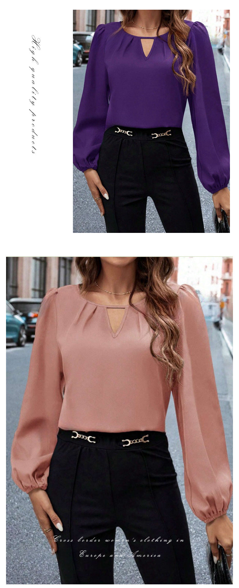 European and American Cross-Border Women's Satin Shirt Women's Export Amazon Imitation Silk Casual Pleated Long-Sleeved Top