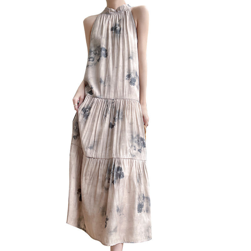 Summer Thin New Silk Satin Halterneck Dress with Sexy and Beautiful Back Lace-Up Vest Sleeveless Mulberry Silk
