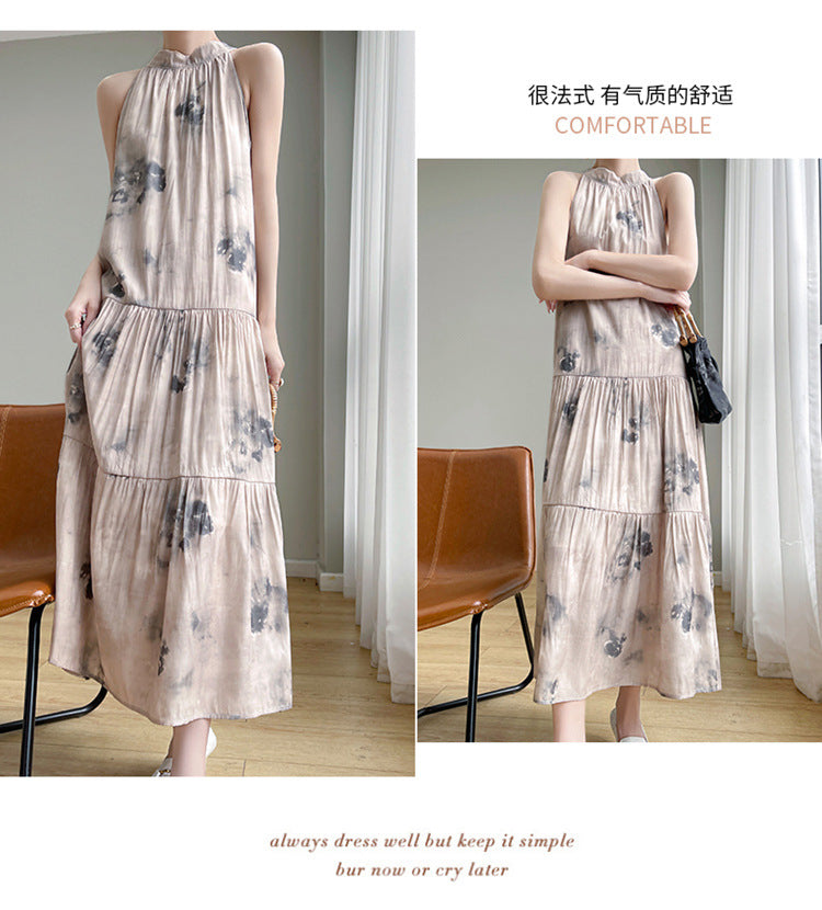 Summer Thin New Silk Satin Halterneck Dress with Sexy and Beautiful Back Lace-Up Vest Sleeveless Mulberry Silk