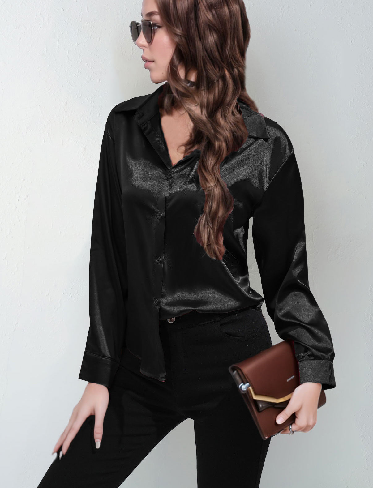 Satin Shirt Women's Satin Imitation Silk Long-Sleeved Amazon's Popular Solid Color Top Elegant Button-Down Lapel Shirt