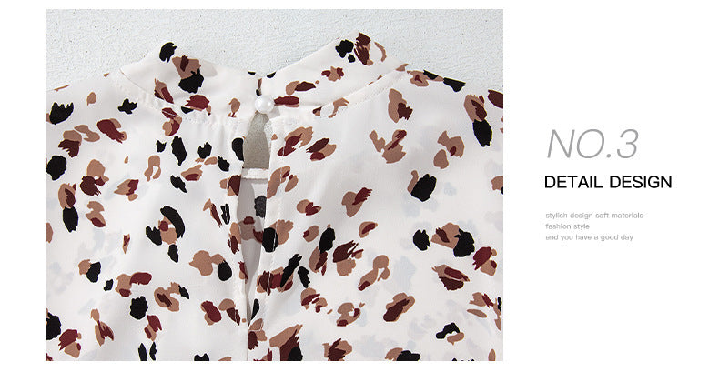 Trendy European and American Fashion Leopard Print Chiffon Blouse for Women Early Autumn New Stylish Commuter Stand Collar Long Sleeve Pullover Top