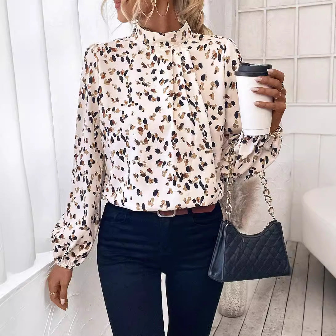 Trendy European and American Fashion Leopard Print Chiffon Blouse for Women Early Autumn New Stylish Commuter Stand Collar Long Sleeve Pullover Top