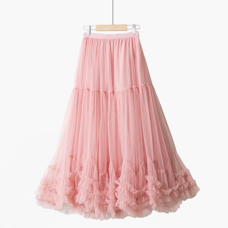 Autumn Heavy Industry Fungus Edge Splicing Large Hem Tutu Skirt High Waist A-Line Fairy Elegant Cake Skirt Mesh Skirt