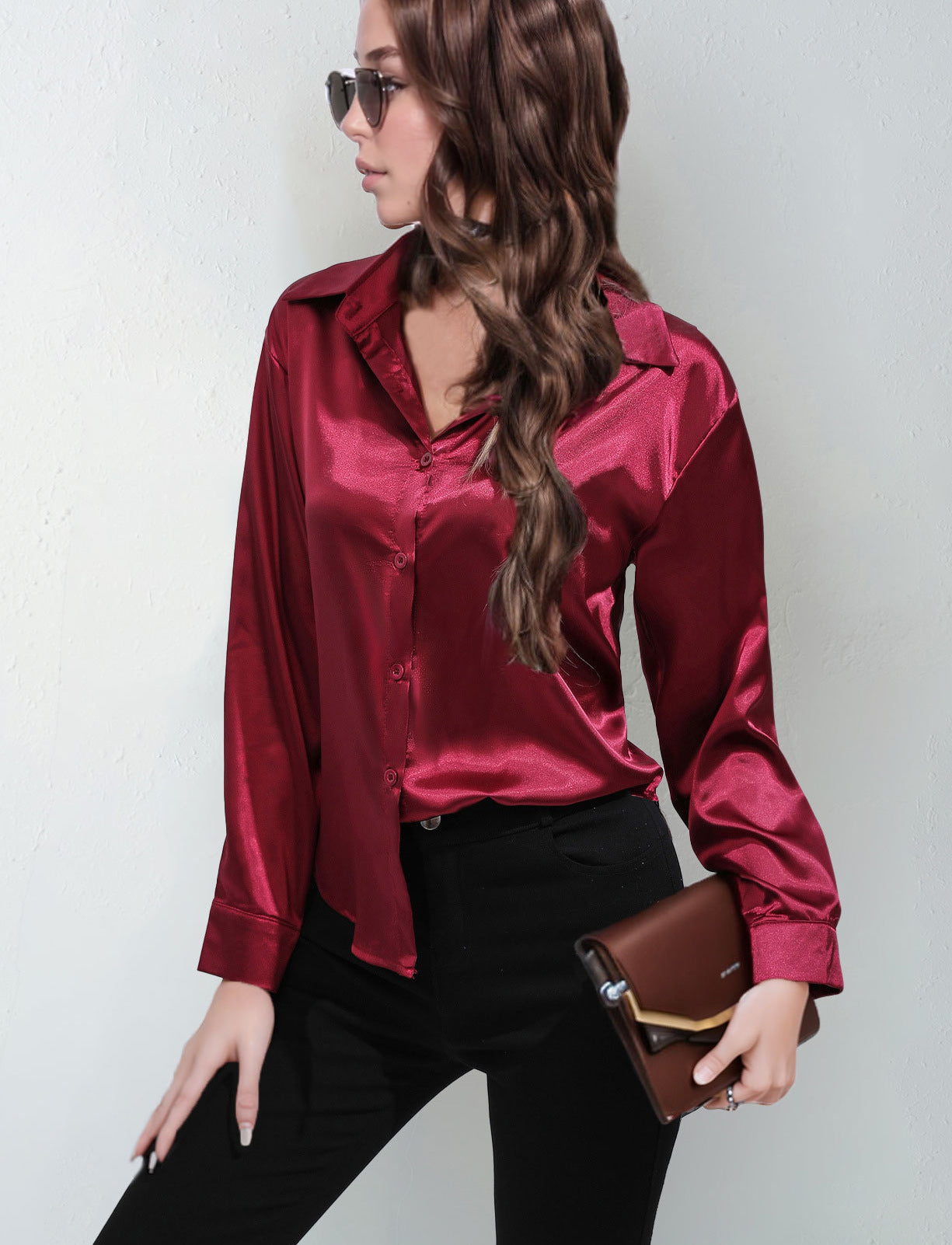 Satin Shirt Women's Satin Imitation Silk Long-Sleeved Amazon's Popular Solid Color Top Elegant Button-Down Lapel Shirt