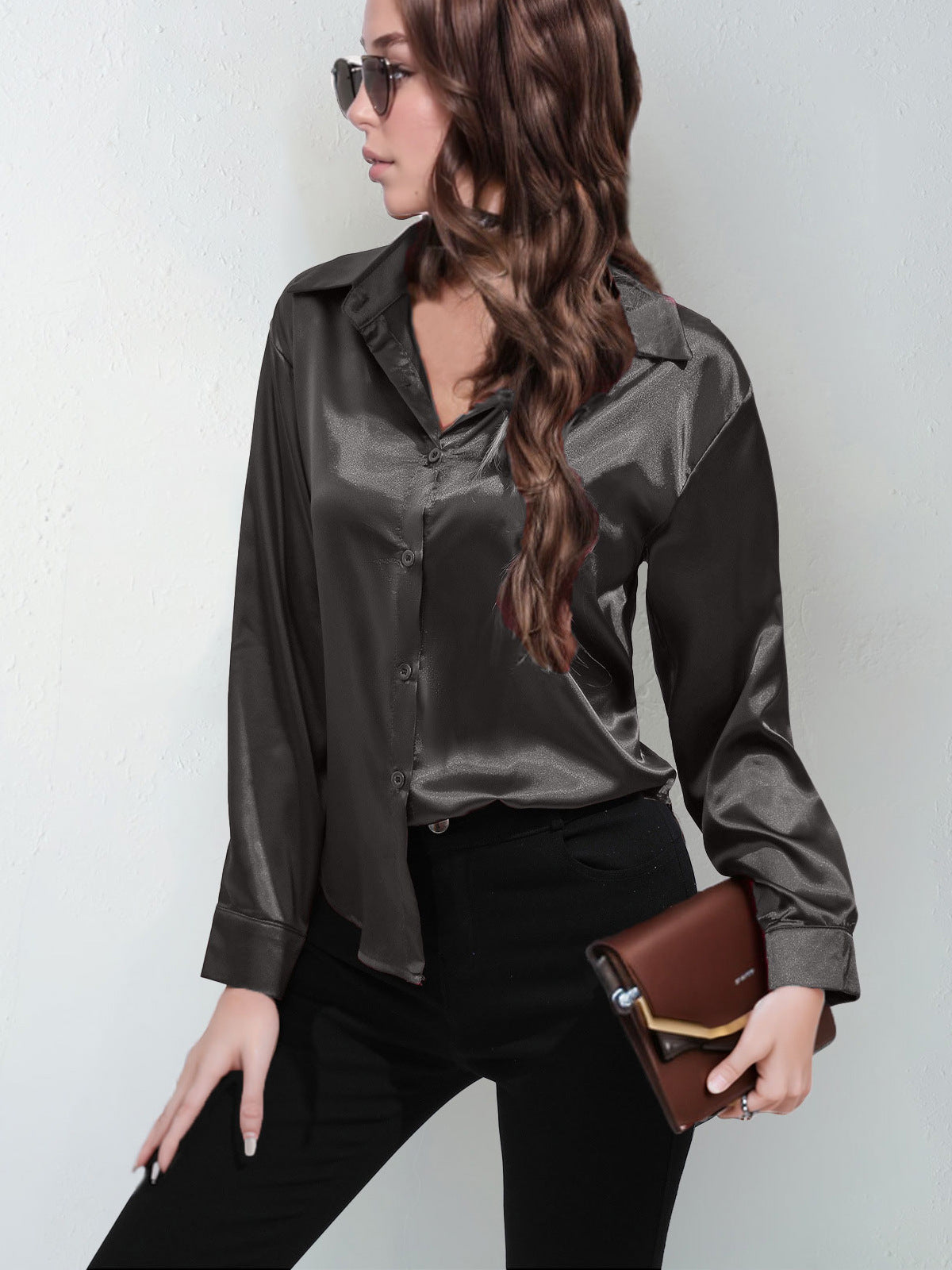 Satin Shirt Women's Satin Imitation Silk Long-Sleeved Amazon's Popular Solid Color Top Elegant Button-Down Lapel Shirt