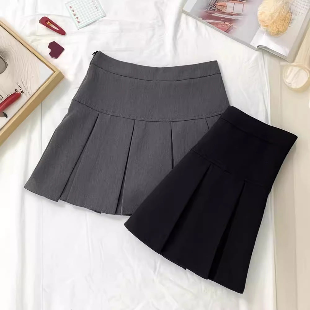 Grey Pleated Skirt Women's Spring and Autumn High Waist Skirt Design Sense Slimming All-match Anti-glare A- line Skirt 2024 New Style