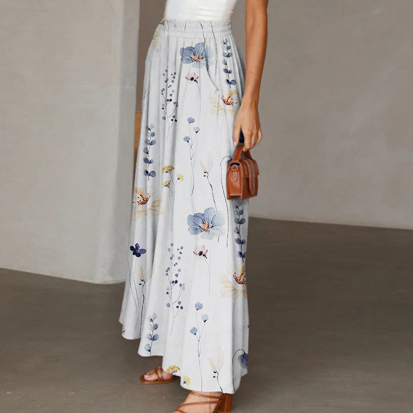 Cross-border Amazon European and American Spring and Autumn Flower Printed Casual Loose Pants Pocket Staggered Waist Elegant Wide Leg Pants